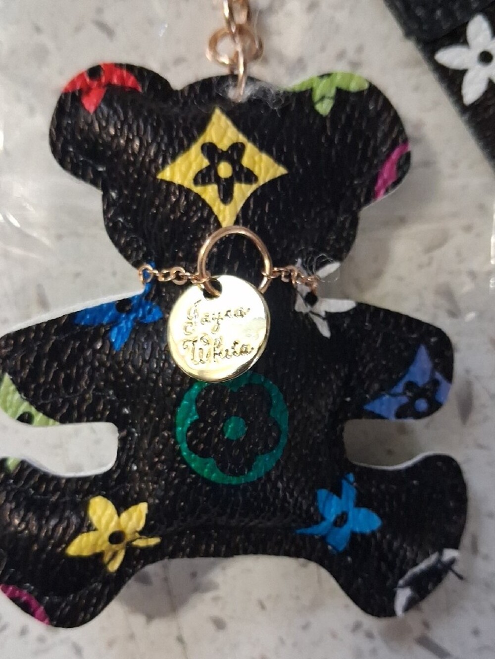 Designer-Inspired Black Multicolor Bear Keychain Wristlet - Picture 2 of 3
